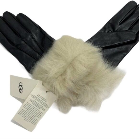 UGG Black Leather Small Shearling Gloves New w Tags - Picture 4 of 5